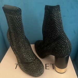 Black Metallic Knit Sock Booties with Gold Accent Round Heel